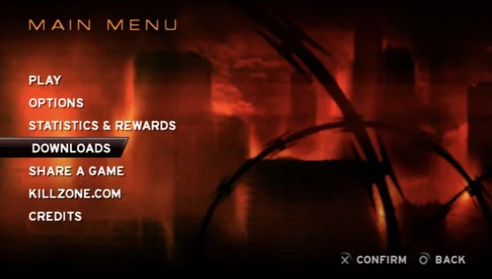 The main menu of Killzone: Liberation with DOWNLOADS picked