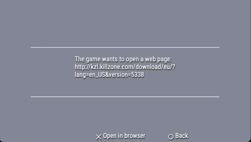 PPSSPP saying the game wants to open a web page, with Open in browser and Back