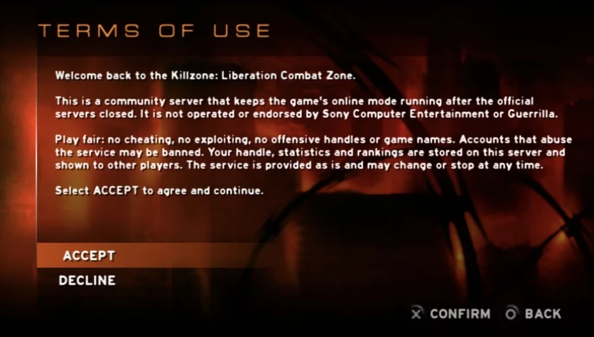 The terms of use of the community server, with Accept and Decline