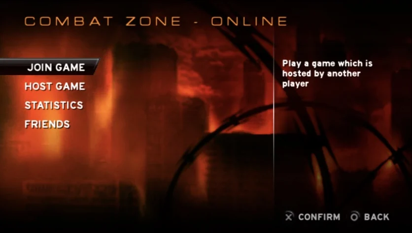 The Combat Zone - Online menu: Join Game, Host Game, Statistics, Friends