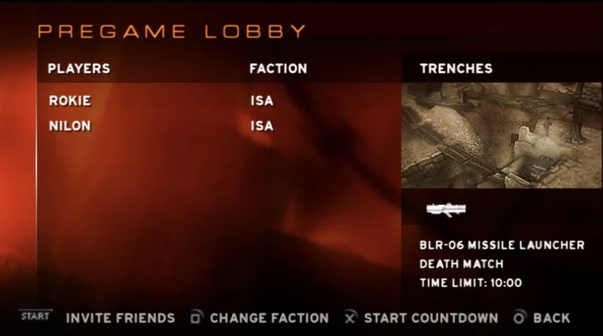 The pregame lobby with two players on the ISA side, the map Trenches and a 10 minute limit