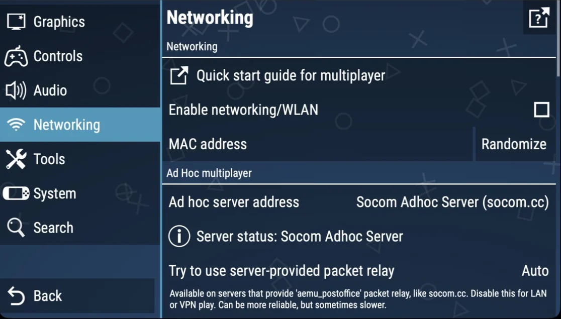 PPSSPP's Networking settings, with Enable networking/WLAN not yet ticked